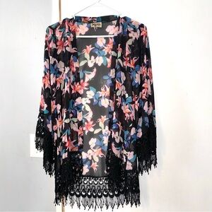 Show Me Your Mumu Black Floral Fringe Kimono Swim Cover Up Size S